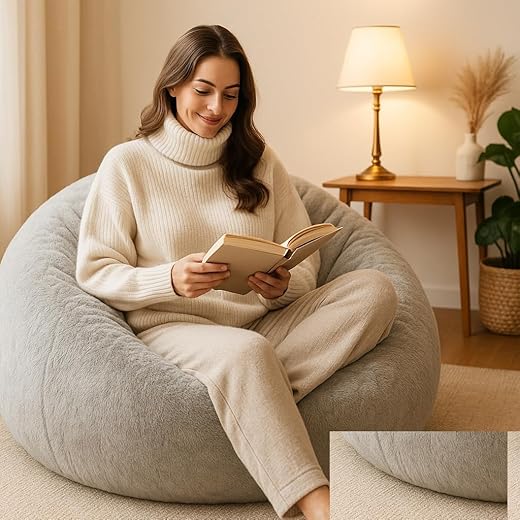 Mollismoons Bean Bag Chair Fur Bean Bag Grey Furry Very Attractive Sofa Grey Color Luxury Bean Bags (XXXL Bean Bag Cover Without Beans)