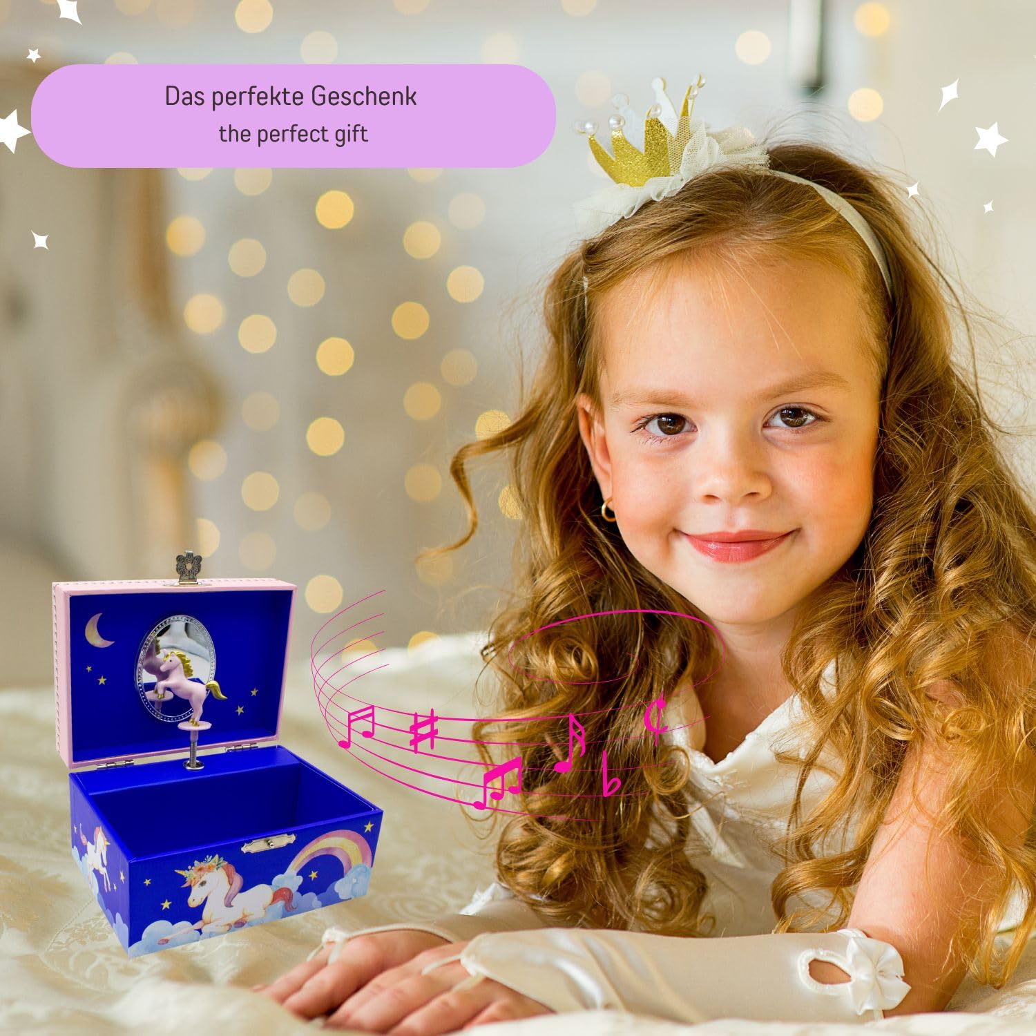 Caja musical joyero para niñas, joyero azul, unicornio, melodía: lago de los cisnes – 92060
