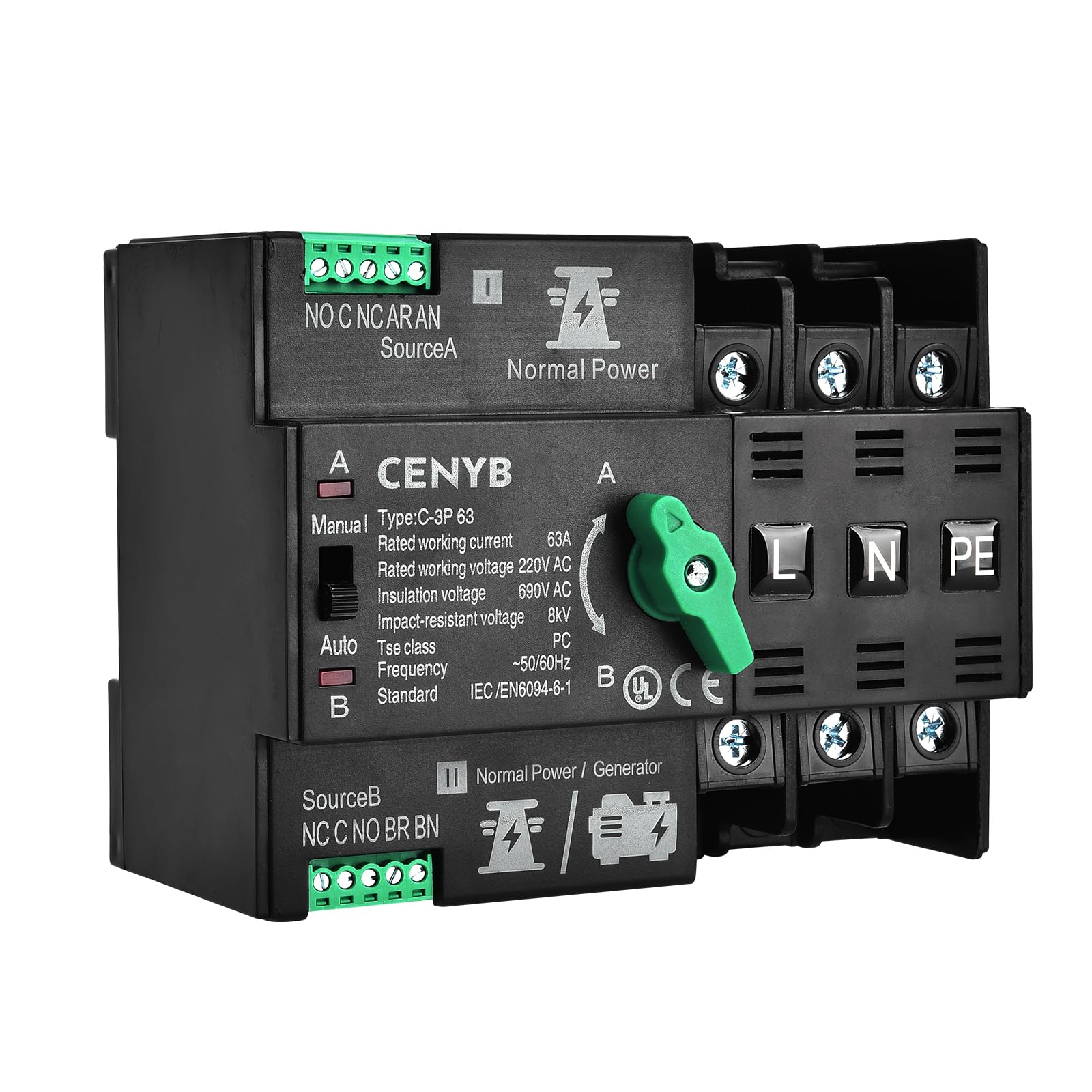 CENYB Automatic/Manual Transfer Switch for Home Generator 3P 63A AC220V Uninterrupted Power Supply DIN Rail Mount Toggle Changeover Module