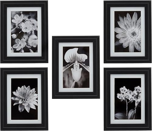 Melannco Juego de cinco marcos de fotos de madera negra de 6.69 x 8.46 pulgadas para sostener fotos de 5 x 7 pulgadas sin paspartú o fotos de 4 x 6
