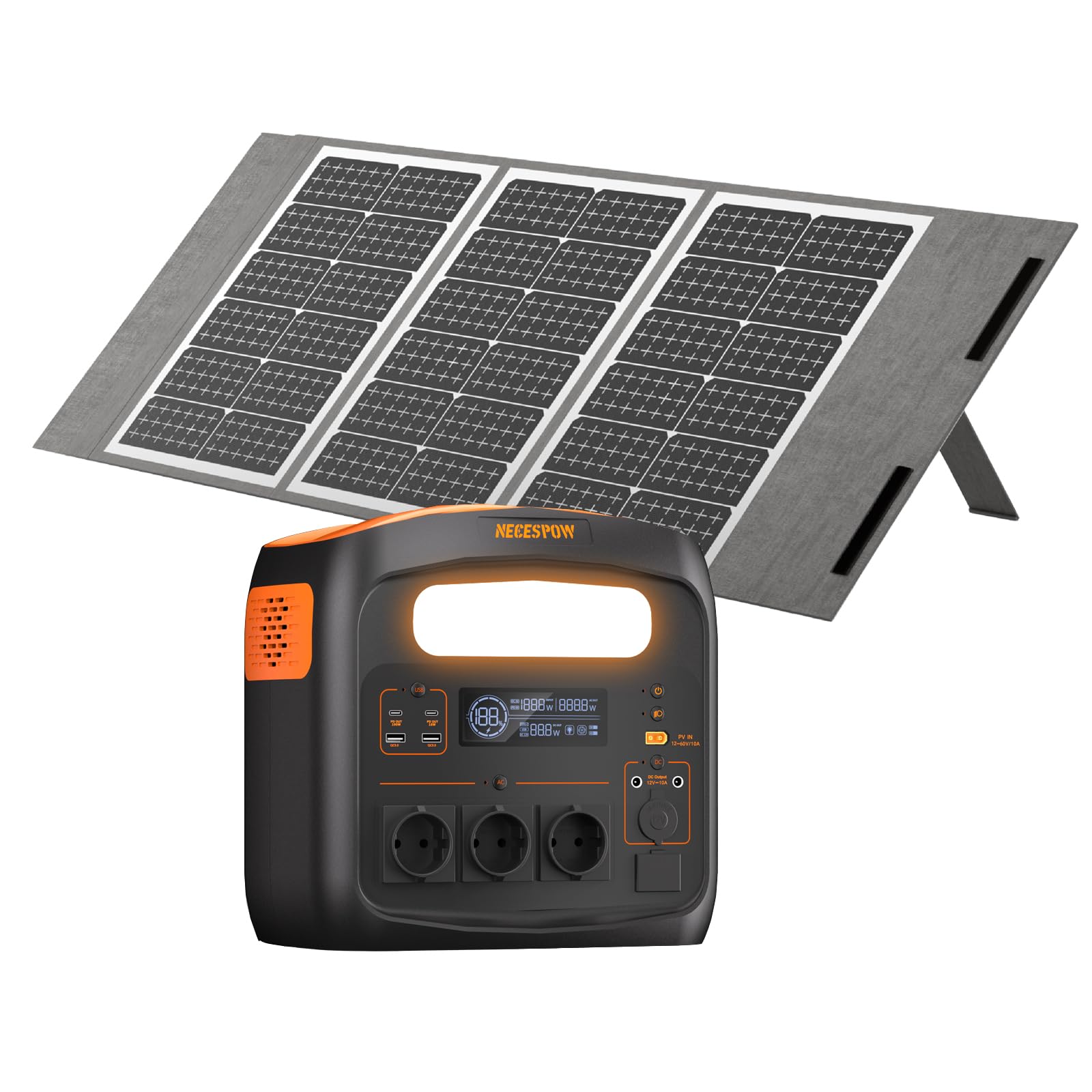 Przenośna stacja zasilająca 1800 W z panelem słonecznym 100 W, akumulator LiFePO4 1024 Wh, szybkie ładowanie w 65 min, PD, USB-C/AC/DC, ładowanie solarne, na kemping, prąd awaryjny, na