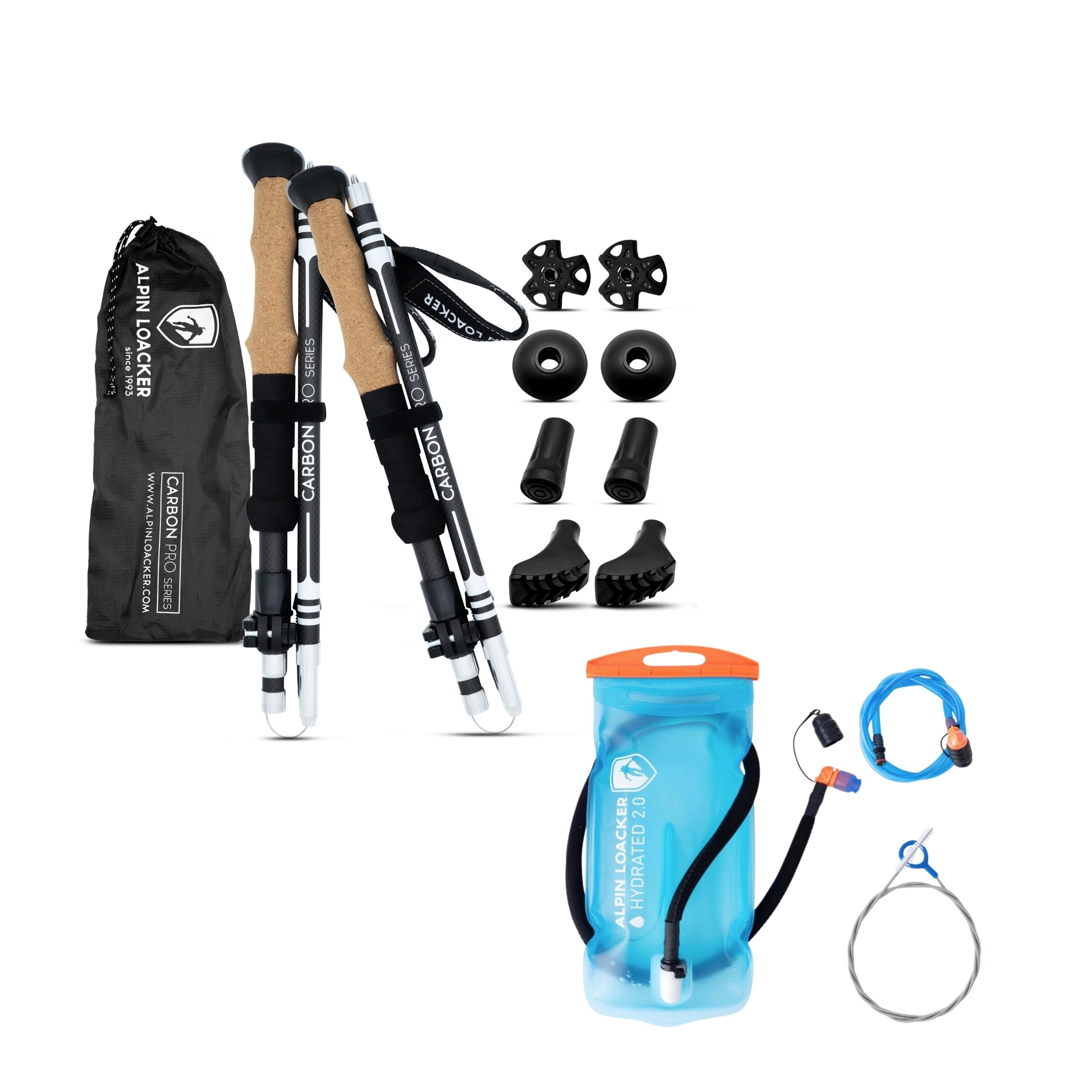 ALPIN LOACKER Carbon Faltstock mit Korkgriff (2er Set) + 3L Trinkblase – Verstellbare Trekkingstöcke aus Carbon mit Trinksystem – Leicht & Stabil für Wandern, Bergtour & Trekking