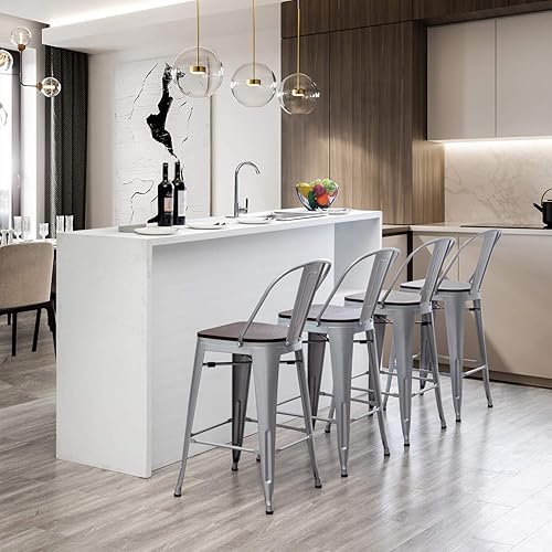 Miniatura 4 de Tongli Taburete de altura de mostrador con respaldos, taburetes de barra de metal, juego de 4 sillas de cocina de comedor, respaldo alto, sillas de