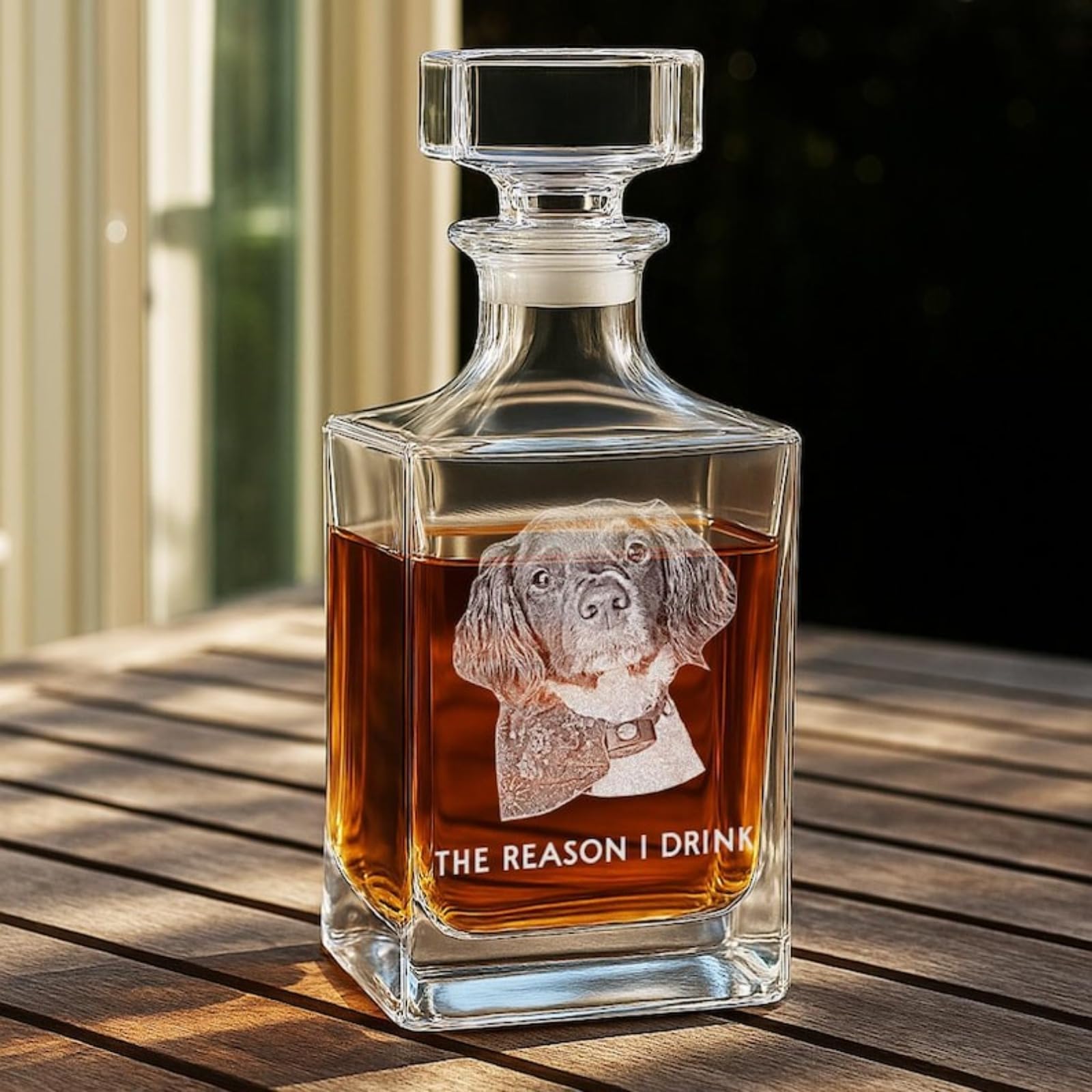 Decantador grabado personalizado con foto de perro, dispensador de whisky personalizado, regalo para amantes de los perros o dueños de mascotas, día del padre, botella de whisky de 24 onzas, regalo