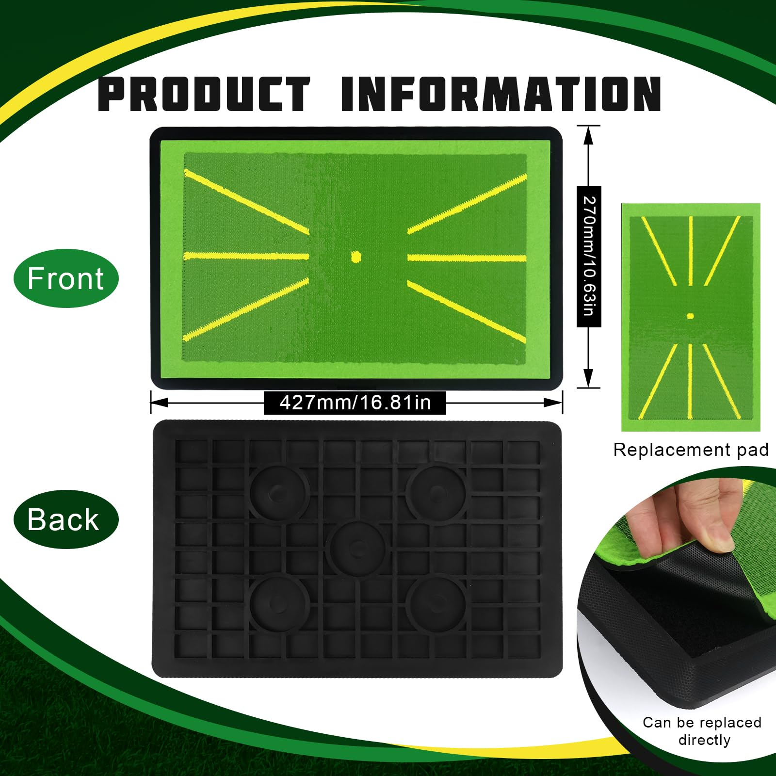 Golf Abschlagmatte Golfmatte mit 1 Austauschbar Golf Trainingshilfen Mat für Schlagbahn-Analyse, Rutschfester Gummibasis, Indoor & Outdoor Golfanfänger, 42,5x27 cm