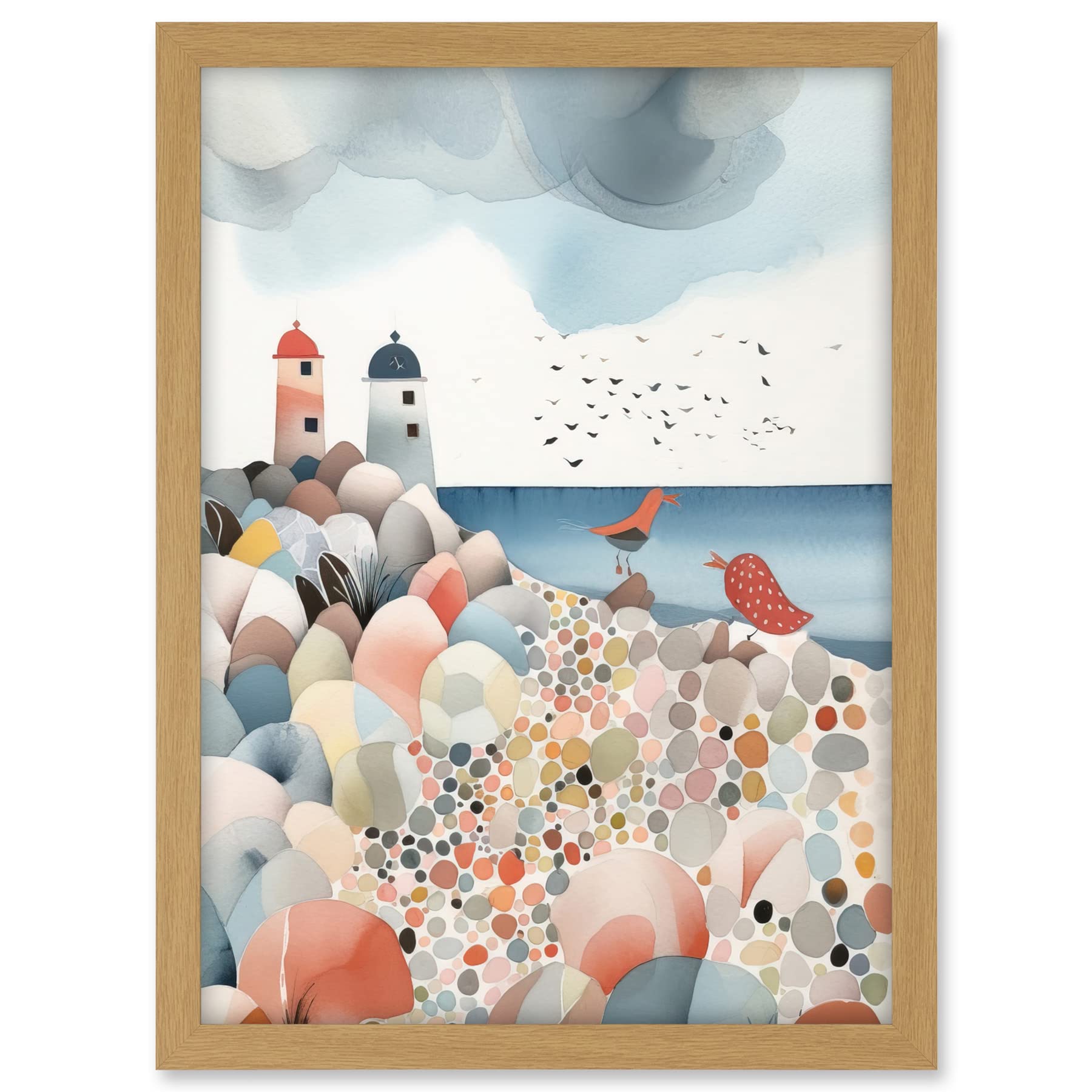 Artery8 Lighthouses On Multicoloured Pebble Beach Watercolour Painting Artwork Framed A3 Wall Art Print