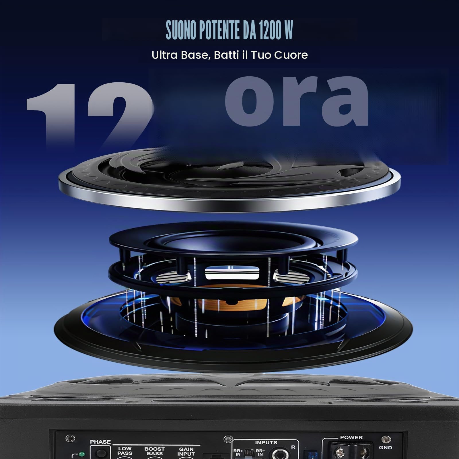 CAMECHO Subwoofer Auto 1200W 70mm Ultra Piatto Sottosellino con Alimentazione: Subwoofer Attivo con Amplificatore Integrato, Ingresso Alto/Basso Livello e Comando del Volume per SUV