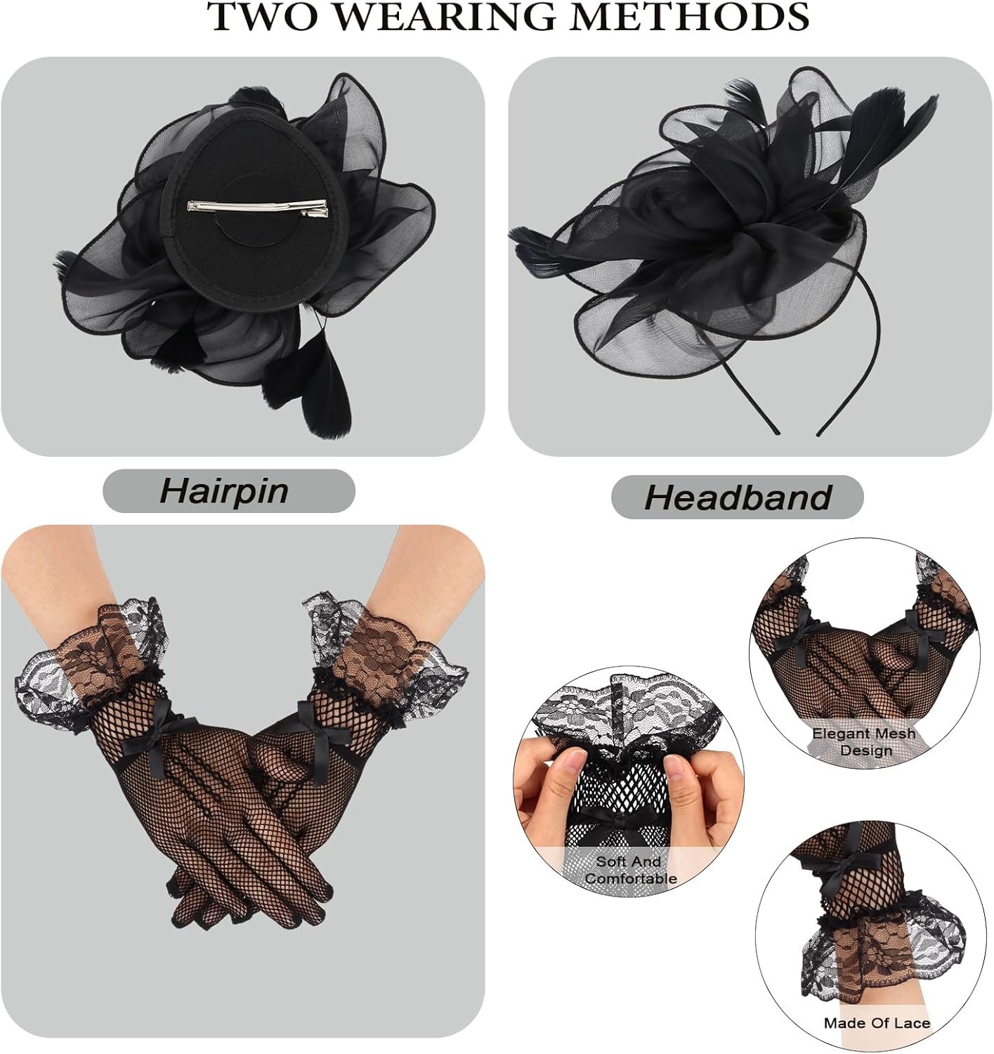 CURASA 4PCS Fascinators Hat for Women Flower Tea Party with Lace Gloves Pearl Necklace Earrings Feather Derby Hat - Image 4