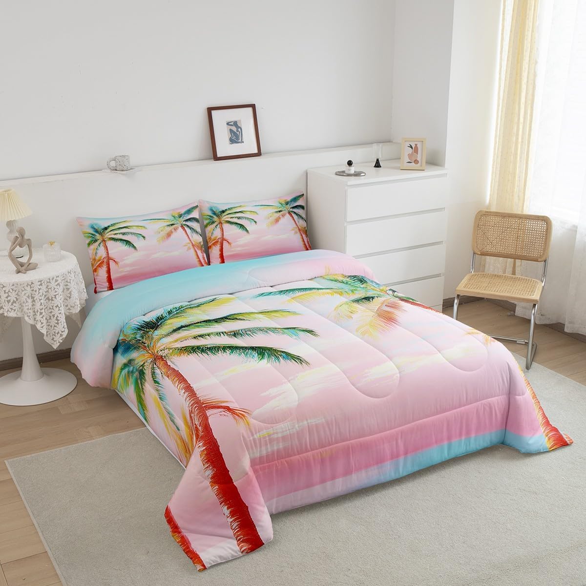Castle Fairy Coconut Tree Kids Queen Comforter Sets,Gradient Pink Sunset Bedding Set for Women Men Children,Ocean Seaside Landscape 3 Pieces Quilt Sets,Tropical Plants Duvet Insert,2 Pillow Cases