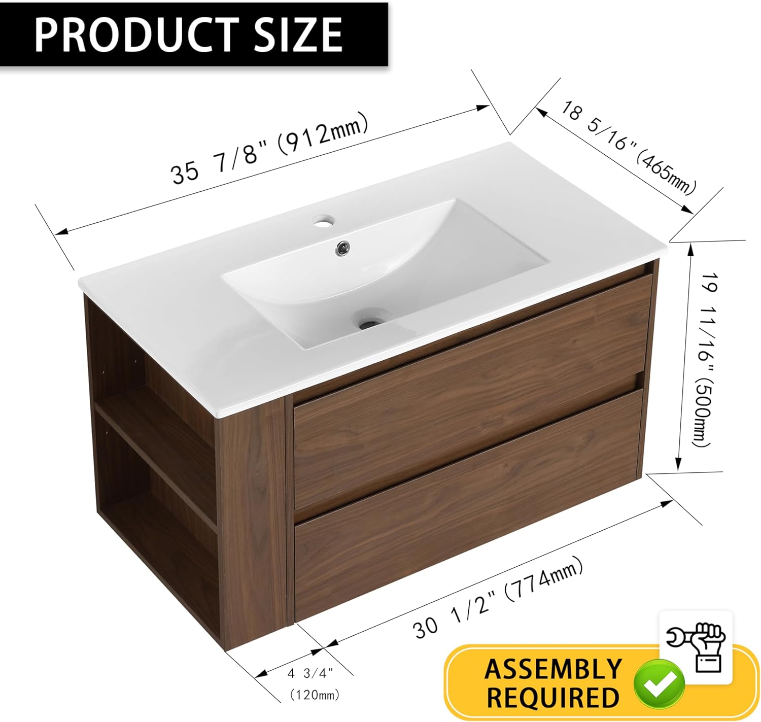 Pvillez 36 inch Bathroom Vanity with Ceramic Sink Combo, Floating Bathroom Vanity Cabinet with Soft Close Drawers & Side Cabinet, Modern Wall Mounted Single Sink Bathroom Vanity in Brown Oak