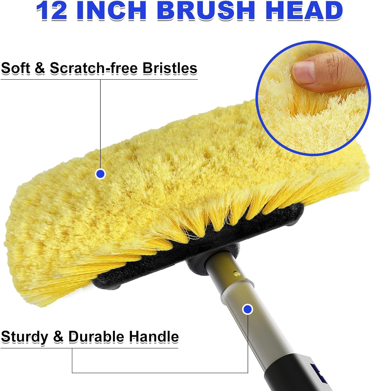 Buyplus 26FT Reach Car Wash Brush with Long Handle, 12-Inch Soft Bristle Head, Truck Wash Brush with 5-20FT Telescoping Pole, Car Washing Brush for Cleaning Car, SUV, RV, Boats, Solar Panels Blue
