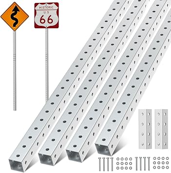 2-Pack 2" x 2" Square Sign Post 6 ft, Square Tubing with 7/16" Pre-Drilled Holes, Heavy Duty Galvanized Steel Tube, Perforated Metal Post for Real Estate, Parking, Street and Outdoor Signs