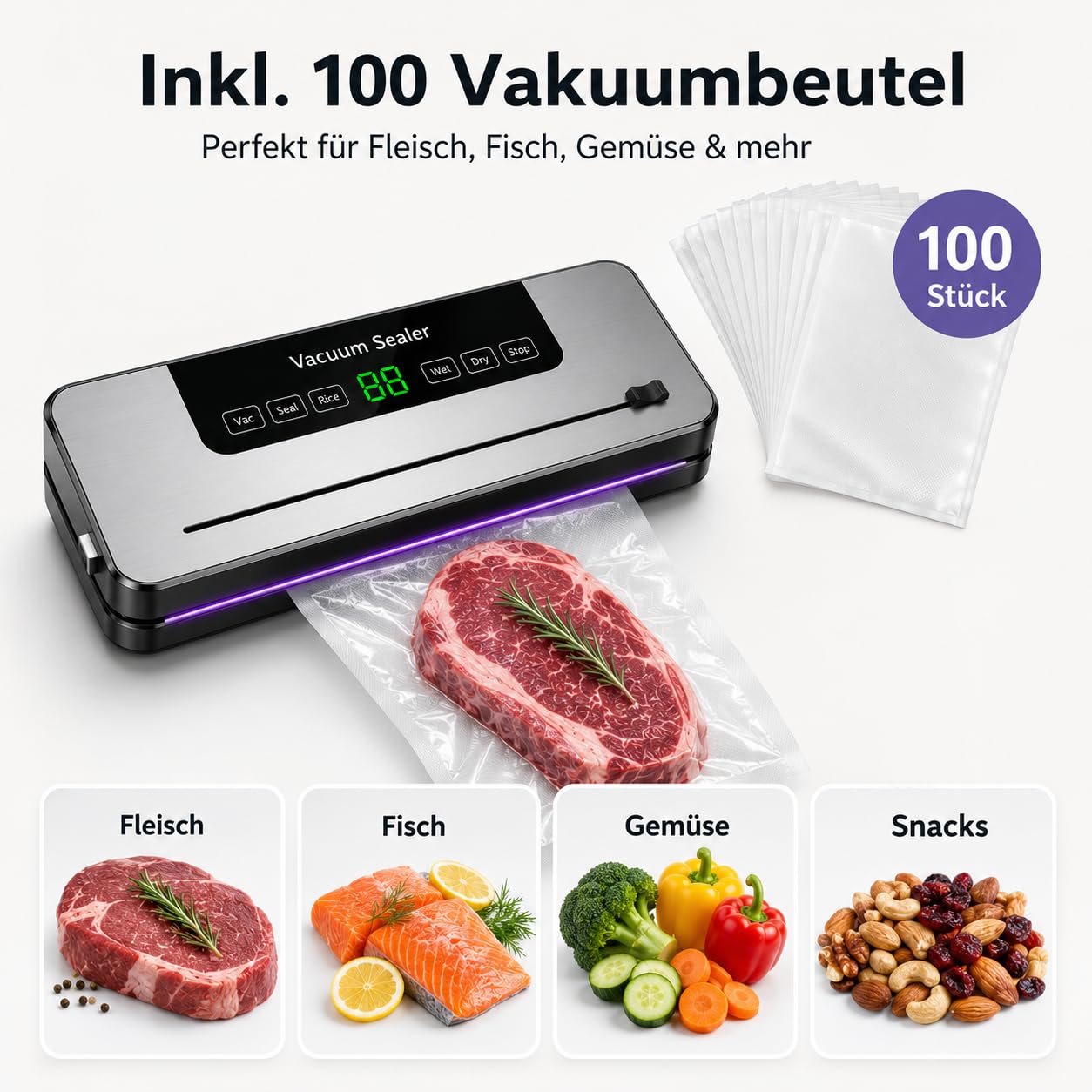 Envasadora al vacío con 100 bolsas al vacío, sellador automático al vacío, modo seco y húmedo para carne, verduras y frutas, máquina de sellado al vacío para almacenamiento fresco