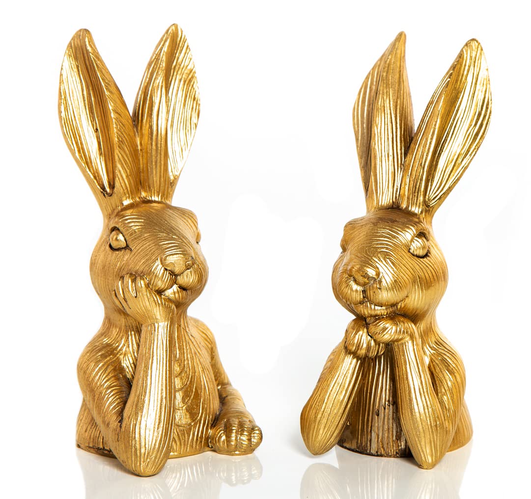 Set da 2 conigli pasquali decorativi in oro, 17 cm: eleganti coniglietti pasquali in polyresin per decorazioni pasqua moderne, centrotavola pasquale e idee regalo per casa, tavolo e ingresso