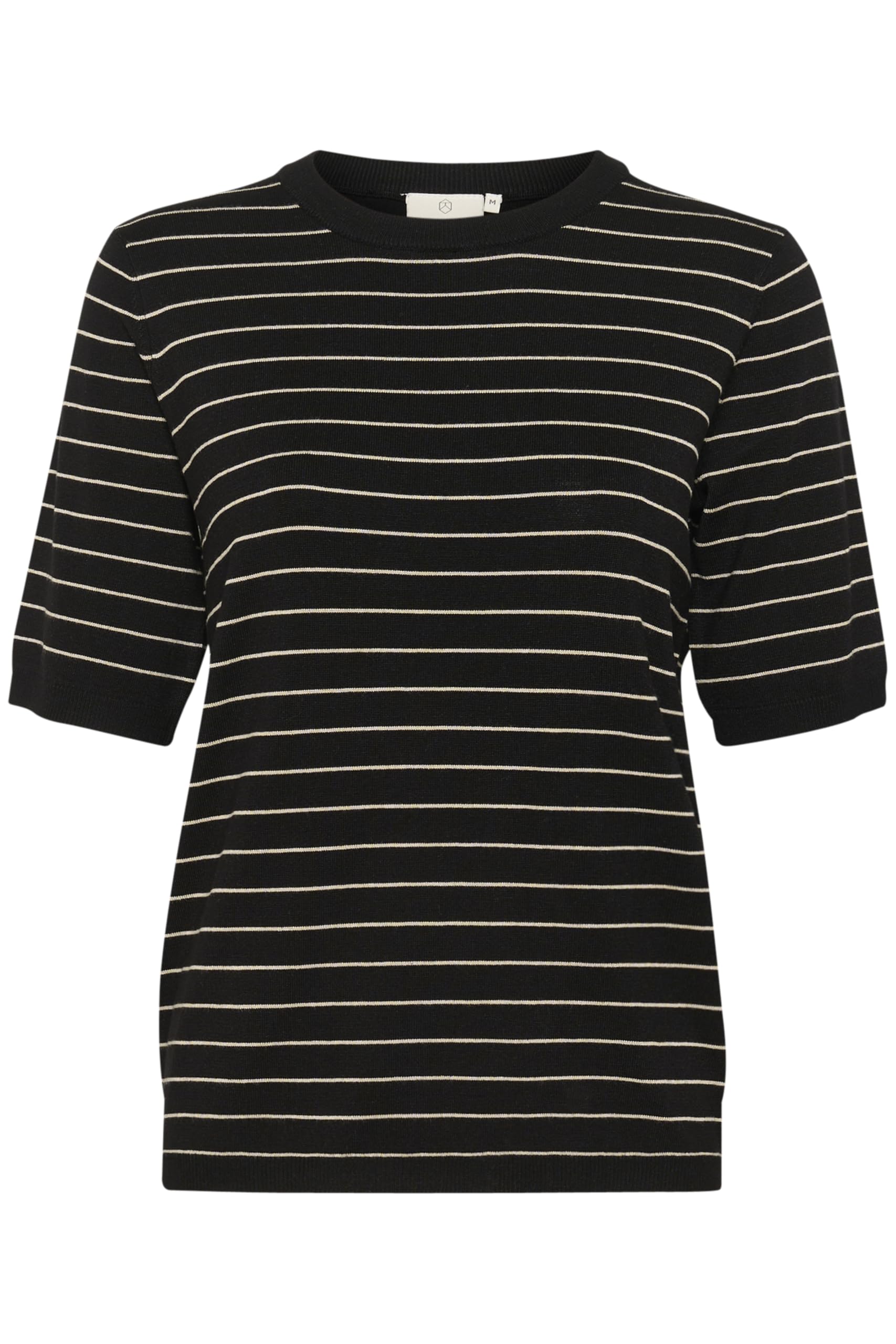 KAFFE Women's Pullover Crew Neck Short Sleeves Regular Fit Horizontal Stripes Sweater, Black/Feathergreymel. Narrow, S
