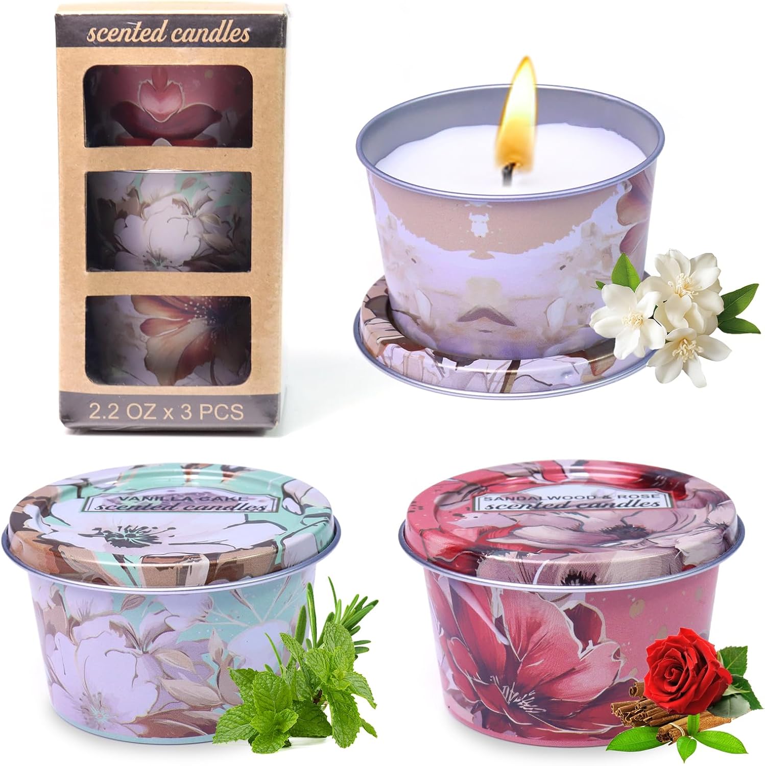 8% Strong Fragrance Soy Wax Aromatherapy Candles – 30 Hours Long-Lasting Scented Candles Set of 3 (2.2oz), Stress Relief&Sleep Aid with Sandalwood&Rose,Vanilla Cake,Jasmine&Musk& Sandalwood Scents