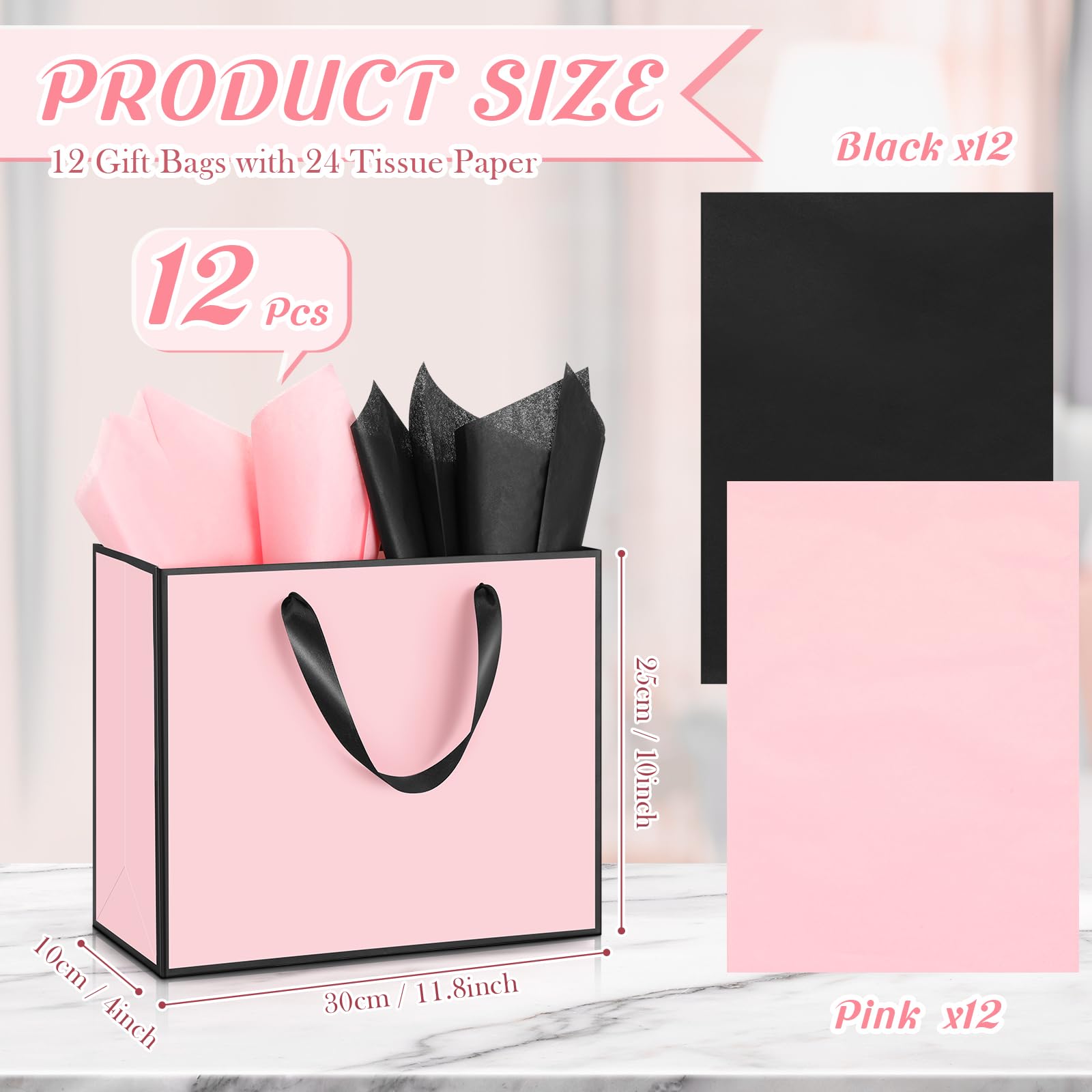ReliThick Paquete de 12 bolsas de regalo de papel metálico con asa y pañuelo, 11.8 x 10 x 4 pulgadas, bolsa de agradecimiento para graduación, boda, novia, fiesta de cumpleaños, baby shower,