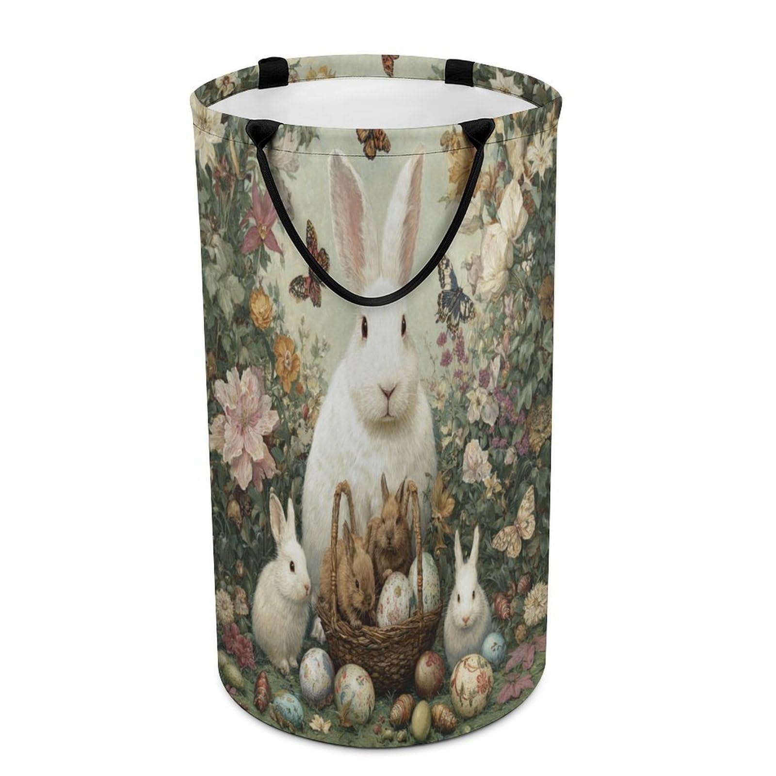 LUYYSKY Cute Vintage Easter Rabbits Collapsible Dirty Clothes Basket, Retro Oil Painting Colorful Eggs Animals Bunny Butterflies Floral Portable Clothes Storage Basket