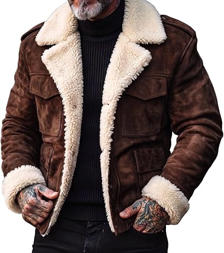 Shiketong Sherpa Fleece Jacket Men Suede Button Down Warm Wi