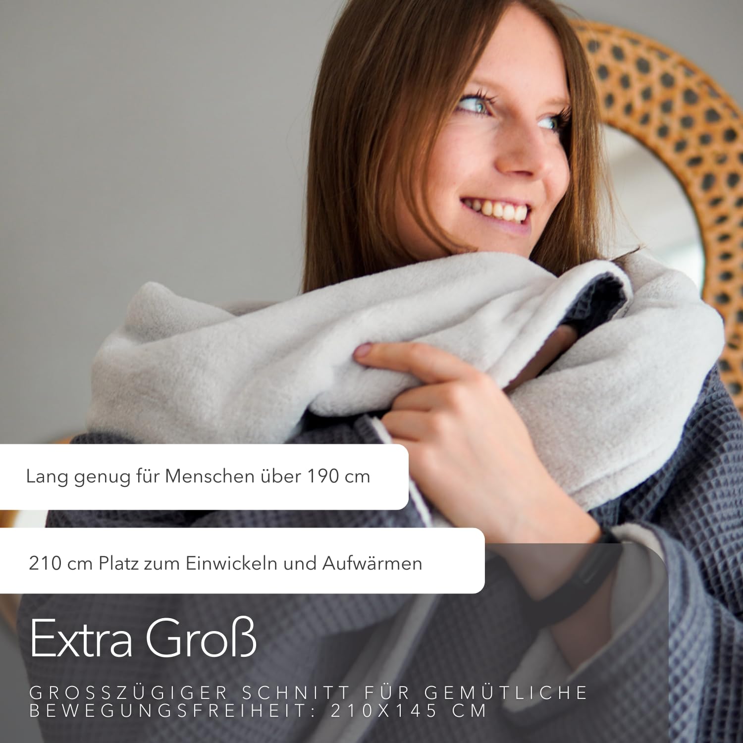 Manta con mangas *Made in Germany* – Manta de manga extra cálida en tamaño XL – 145 x 210 cm de algodón natural y forro polar extra cálido (gris | gris glaciar)