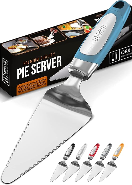 Orblue Pie Server, Essential Kitchen Tool, Serrated on Both Sides, Great for Right or Left Handed Chef, Stainless Steel Flatware, Cake Cutter, Blue