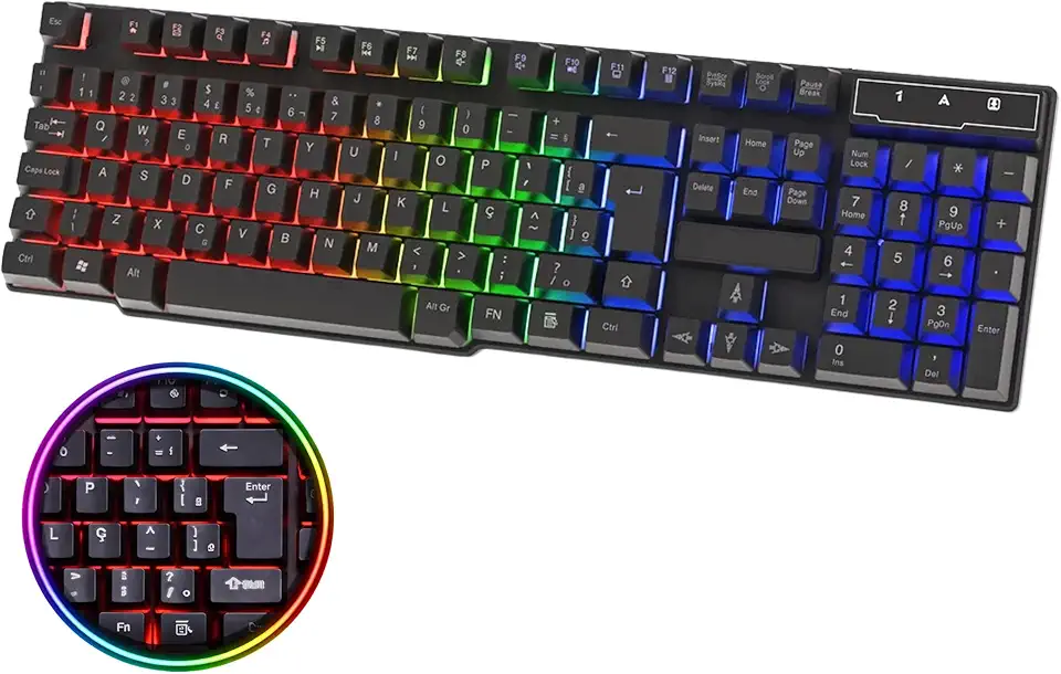 Teclado Gamer Semi Mecânico RGB LED Rainbow, USB, ABNT-2, Anti-Ghosting, Multimídia, Ideal para Jogos e Digitação, Ergonômico - Computador Videogame