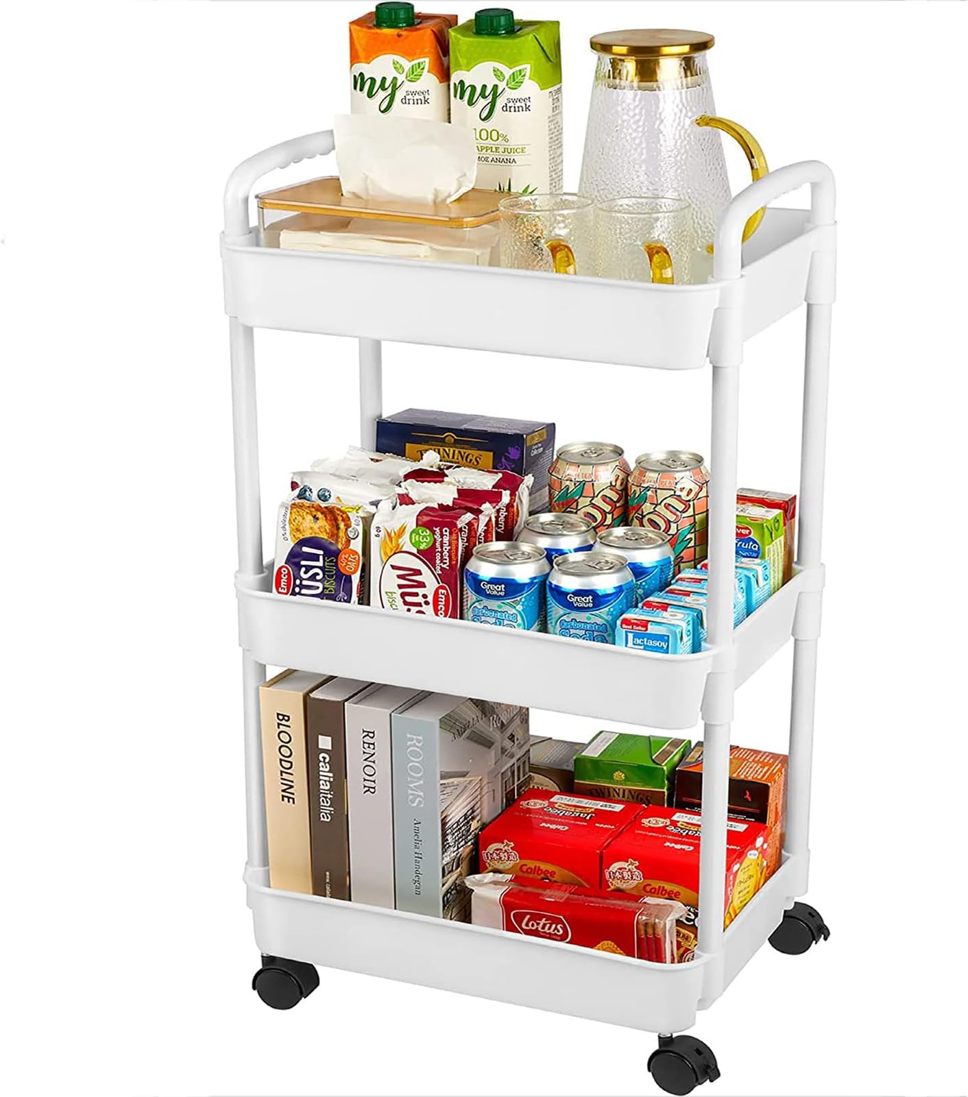 FCfit Storage Rolling Cart, 3 Tier Rolling Storage Organizer Utility Cart Slide Out Storage Shelves Mobile Shelving Unit for Bathroom Bedroom Kitchen Office Small Dorm, White