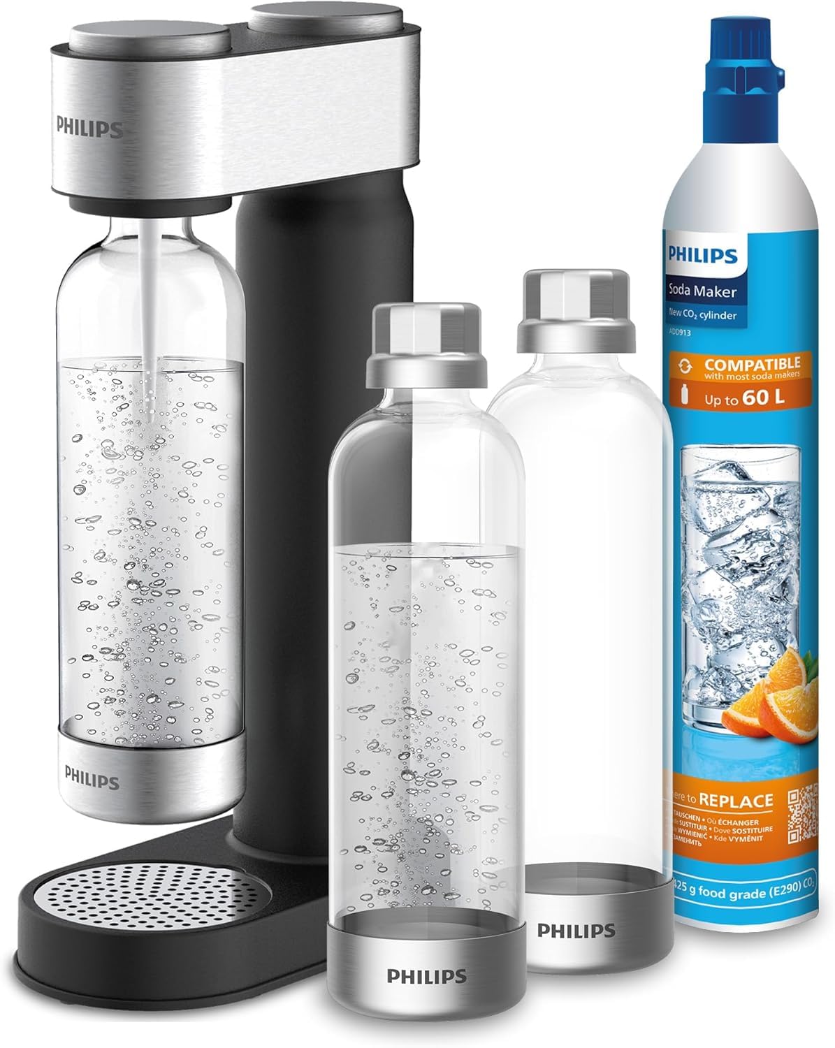 Philips ADD4902BKA/10 GoZero Machine à gazéifier 3 bouteilles d'eau en plastique sans BPA de 1 l, 1 cylindre de CO2 pour jusqu'à 60 l d'eau gazeuse, noir