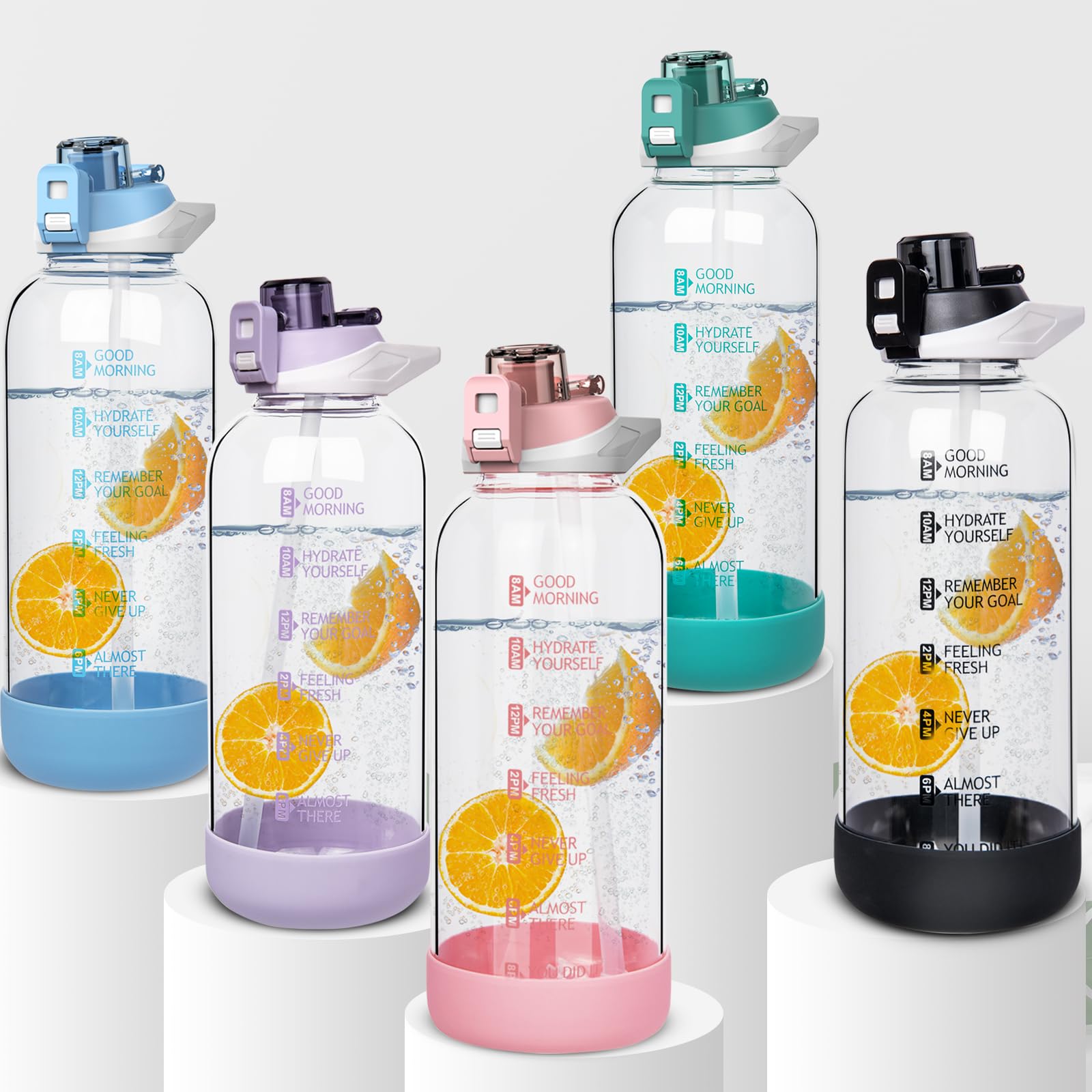 Grande bouteille d'eau de sport en verre de 1,4 l avec paille et marqueur de temps, bouteille de motivation quotidienne en verre avec sangle pour eau infusée aux fruits, smoothie, café