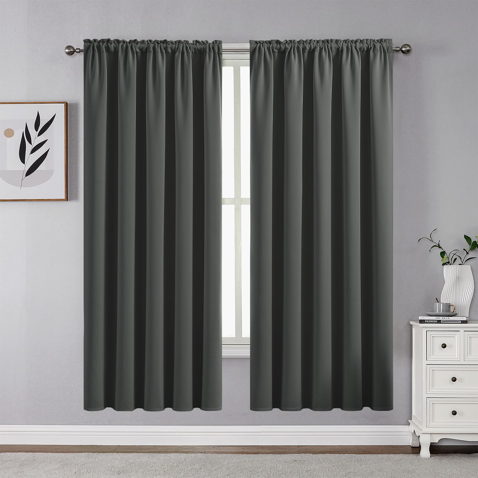 CUCRAF Dark Grey Blackout Curtains 63 inch Length 2 Panels Set, Rod Pocket Room Darkening Drapes for Bedroom Living Room, Insulated Thermal Light Blocking Window Curtain (W52 x L63 Inch)