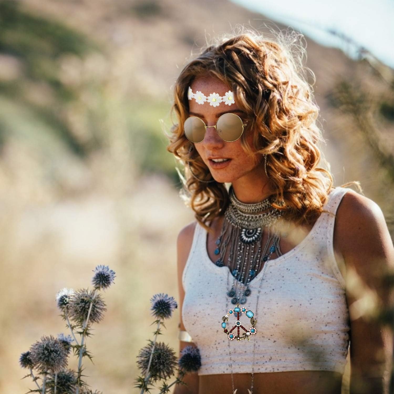 Alintor Hippie Accessoires für Schlagermove Outfit Damen, Flower Power Zubehör für Hippie Kostüm, 60er 70er Jahre Bekleidung, Peace Kette, Brille