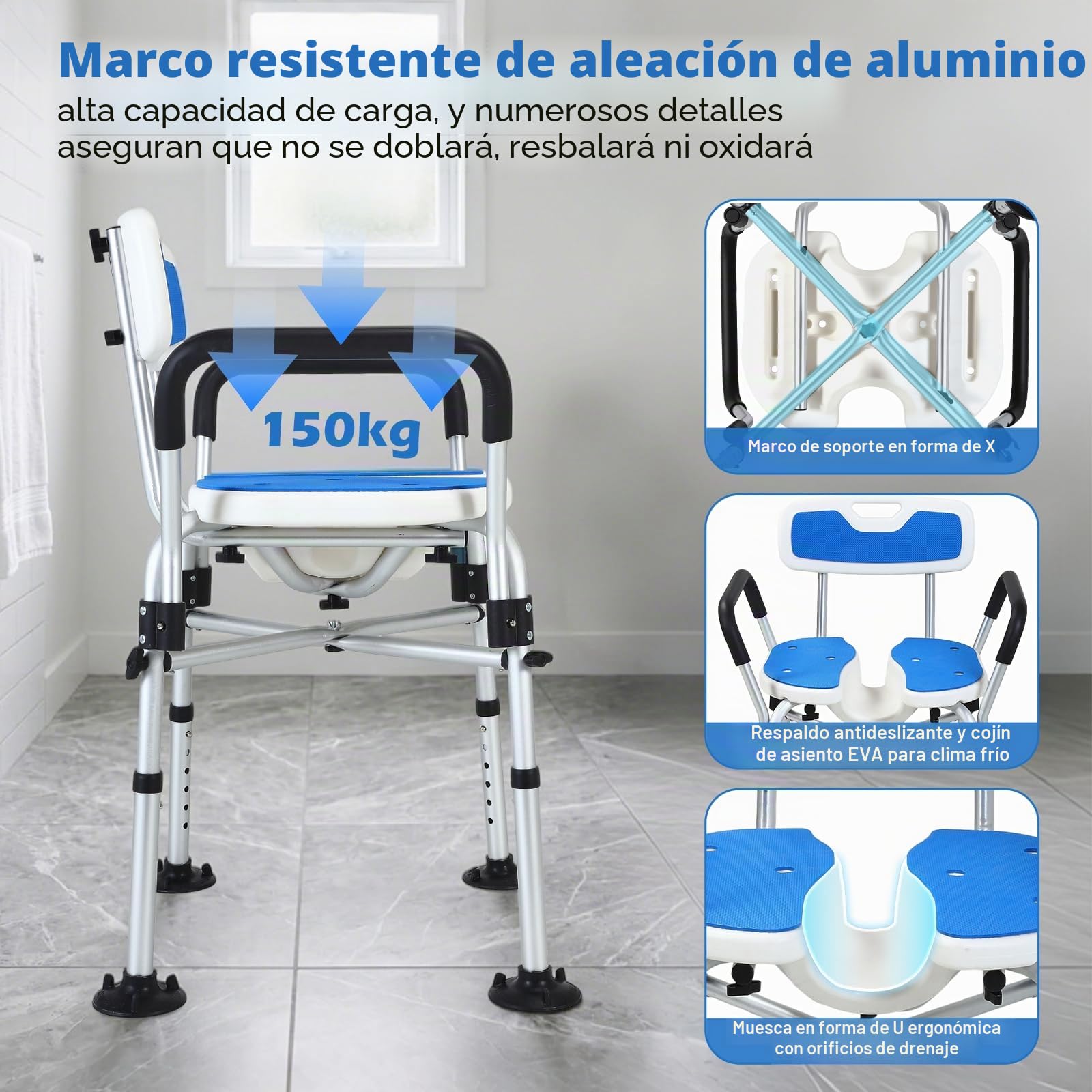 Silla de Ducha para Personas Mayores Silla de Ducha Plegable Reposabrazos y Respaldo Antideslizante, Altura Ajustable Capacidad de Carga de 150kg Silla de Baño con Diseño Cóncavo 3D