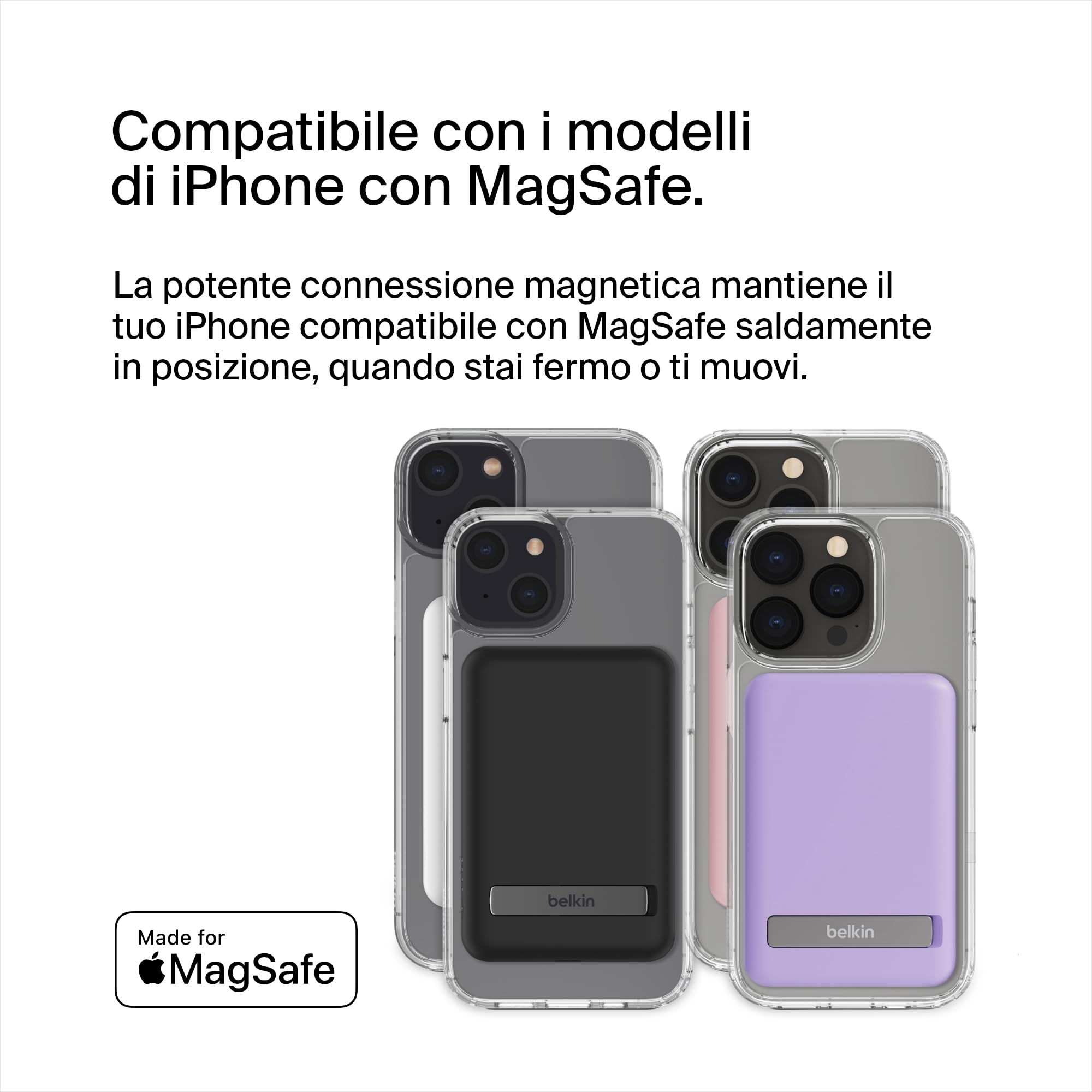 Belkin Batteria esterna wireless magnetica da 5000 mAh, caricabatteria portatile con MagSafe, ricarica passante, uscita da 7,5 W, ingresso da 10 W, supporto estraibile, iPhone 17/16/15/14/13, Viola