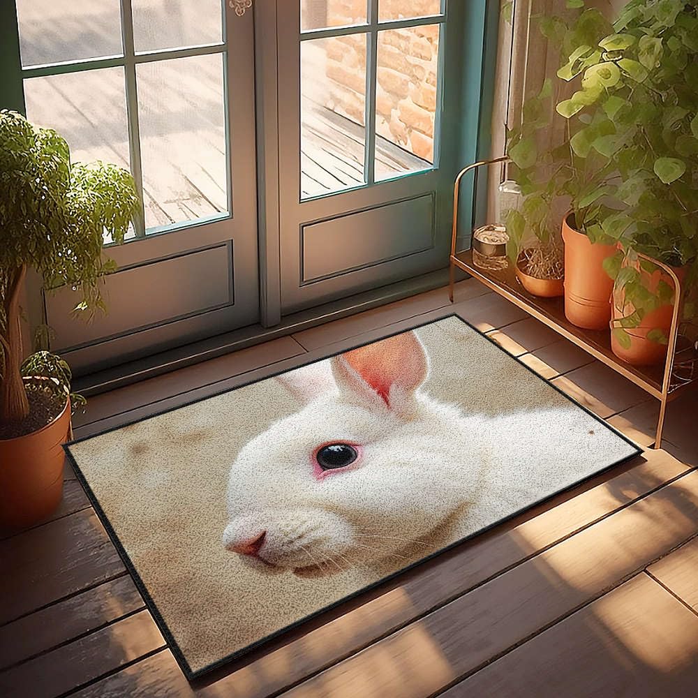 Tapis de bienvenue printanier extérieur paillasson lapin blanc décoration maison 50x80cm