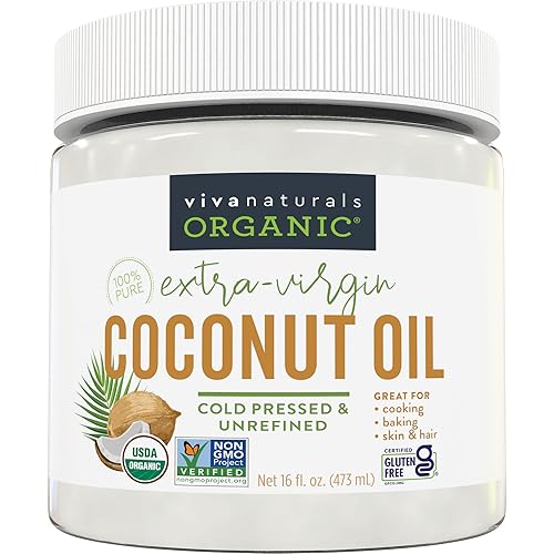 Viva Naturals Organic Coconut Oil - Unrefined, Cold-Pressed Extra Virgin Coconut Oil, USDA Organic and Non-GMO Cooking Oil, Great as Hair Oil and Skin Oil, 16 fl oz - Coconut - 16 Fl Oz (Pack of 1)