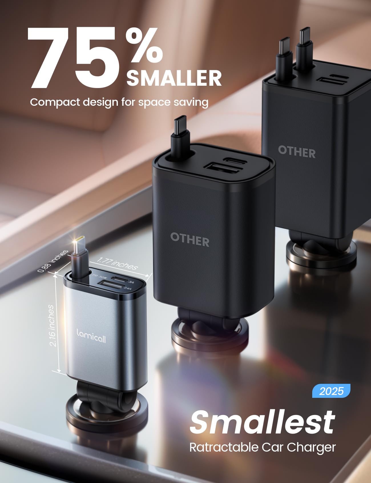 Lamicall 4 IN 1 Intrekbare Autolader Adapter - [50% Kleiner] [Voltage Display] 69W Sigarettenaansteker USB-Lader, met 2 Intrekbare Kabels USB-C & -A, 12V/24V Aansluiting voor Telefoon