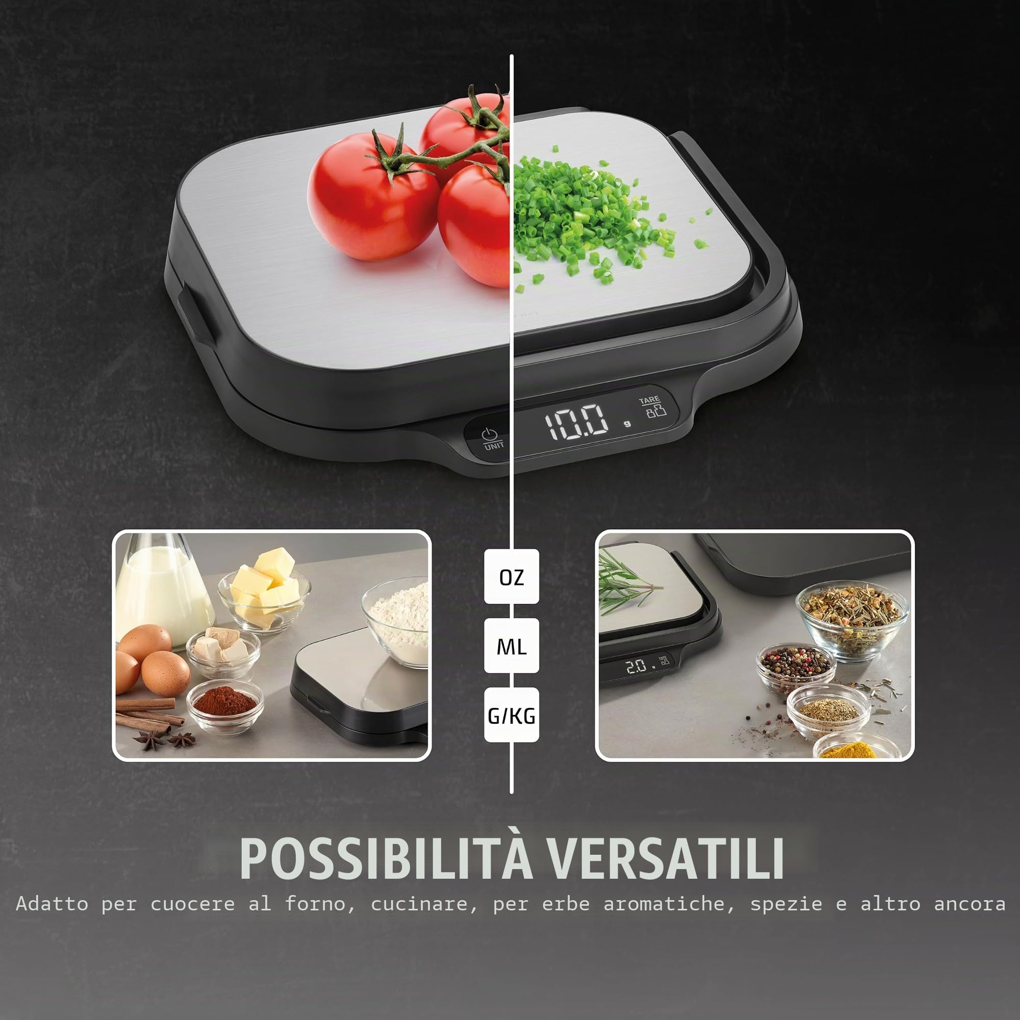 CASO KitchenDuo – Bilancia da cucina 2 in 1 con bilancia fine, scala di pesatura normale 15 kg in incrementi di 1 g, bilancia fine fino a 1 kg in incrementi di 0,1 g, funzione di tenuta, grammi, oz,