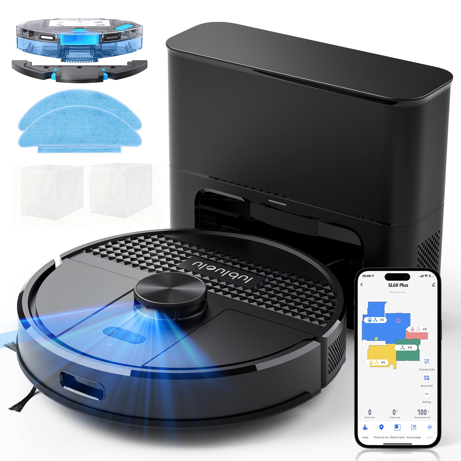 Lubluelu Saugroboter mit Absaugstation 3-in-1, 4500Pa Staubsauger Roboter mit Wischfunktion, Roboterstaubsauger mit Lasernavigation, App Steuerung, 24 No-Go Zonen für Tierhaare, Teppich (SL68 Plus)