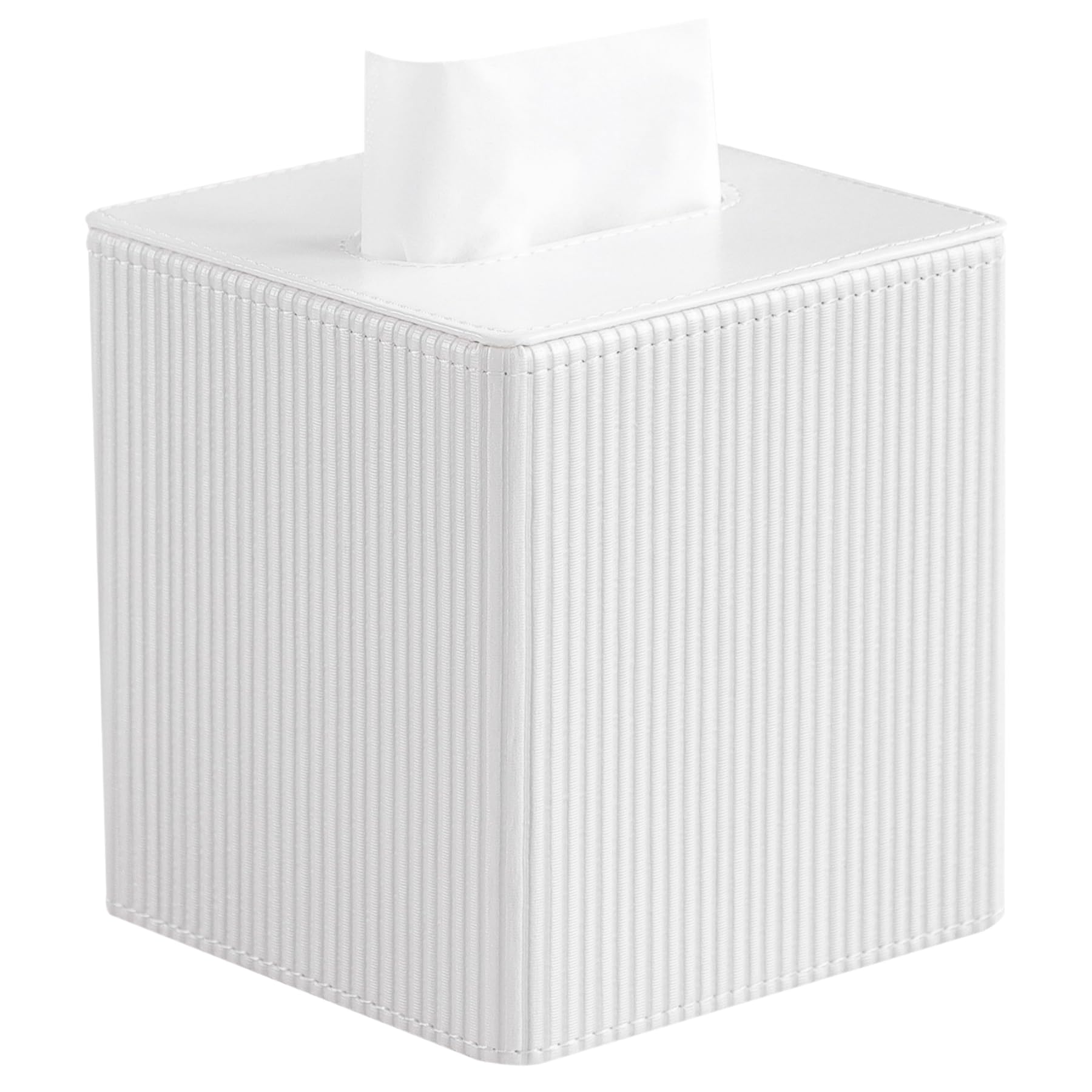 Square PU Leather Tissue Box Cover, Ribbed & Smooth Finishes, 6 Colors, for Standard Cube Tissues-White Vertical Stripes