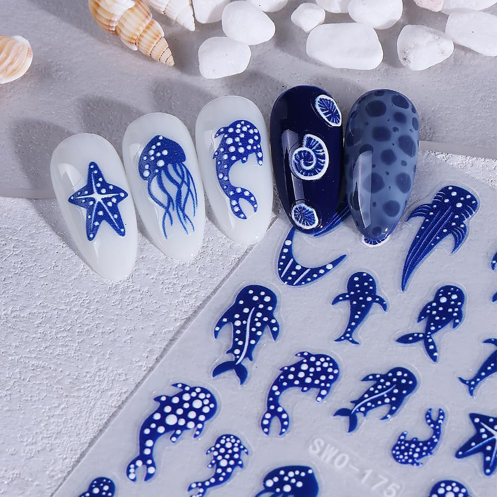 Summer Nail Stickers Beach Ocean Nail Art Stickers Blue Fish Nail Decals Self-Adhesive Shark Starfish Design Sticker Sliders Nail Decoration for Women Manicure Accessories 3Pcs image 5