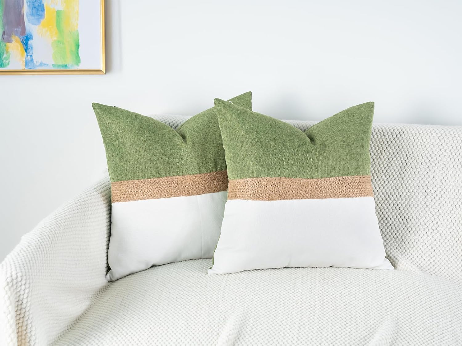 Pack of 2 Light Green Jute Rope Textured Patchwork Throw Pillow Covers 20x20 Inch Soft Boho Neutral Decorative