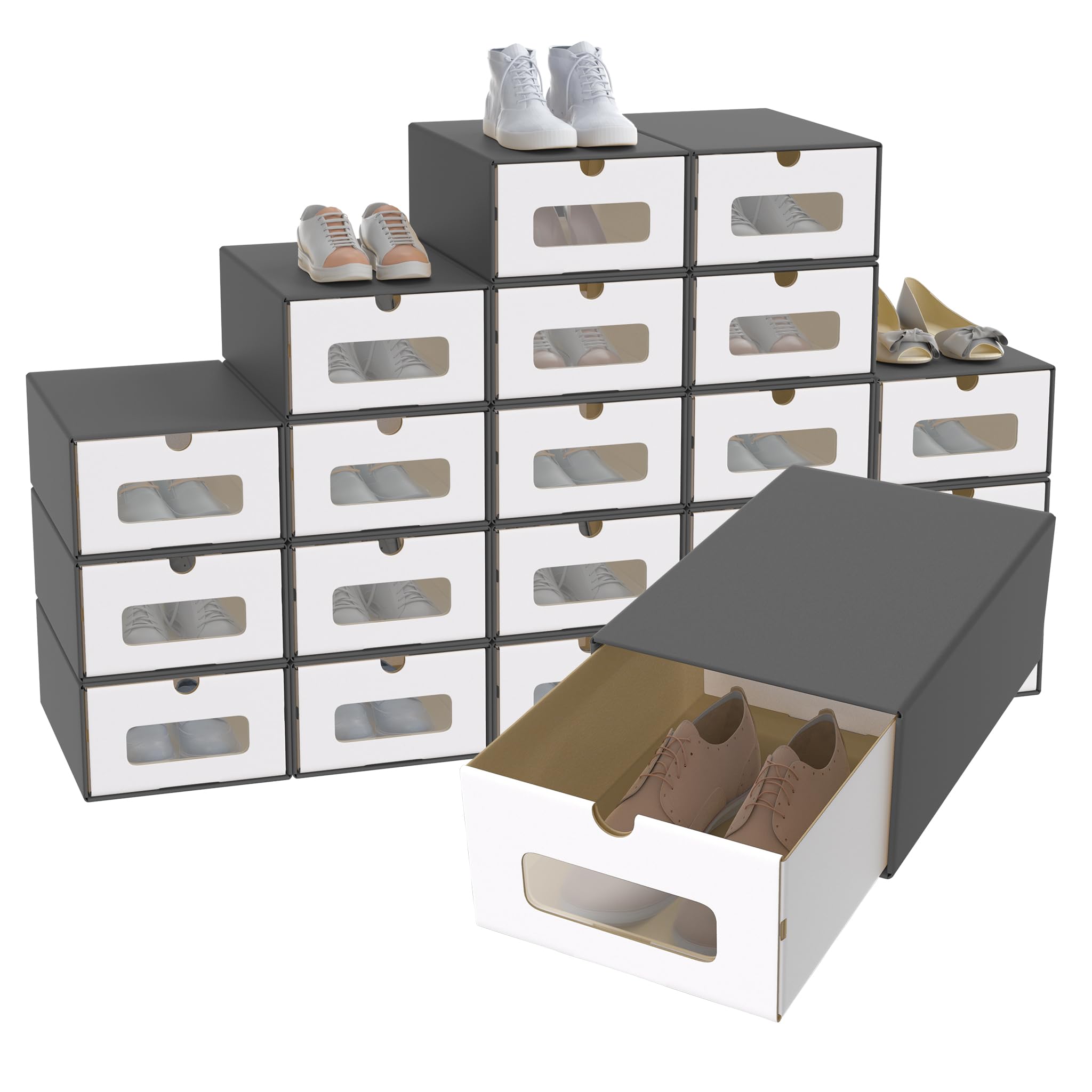 Set di 20 scatole per scarpe con finestra trasparente e cassetto, in carta kraft, impilabili, in cartone, 34,5 x 23 x 13,5 cm, nero