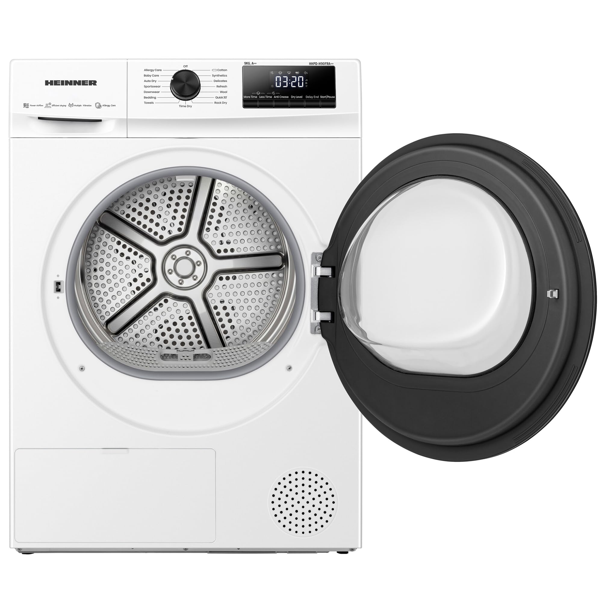 HHPD-H90FRA++ Wärmepumpentrockner - 9 kg Kapazität, 15 Programme, LED-Display, Anti-Falten-Funktion, Energieklasse D, Weiß, 160 Zeichen, 5 Jahre Garantie