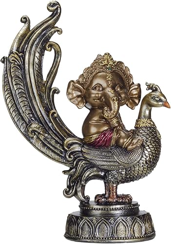 Figura decorativa de resina con diseño de elefante hindú del Señor Ganesha en pavo real del Señor del éxito