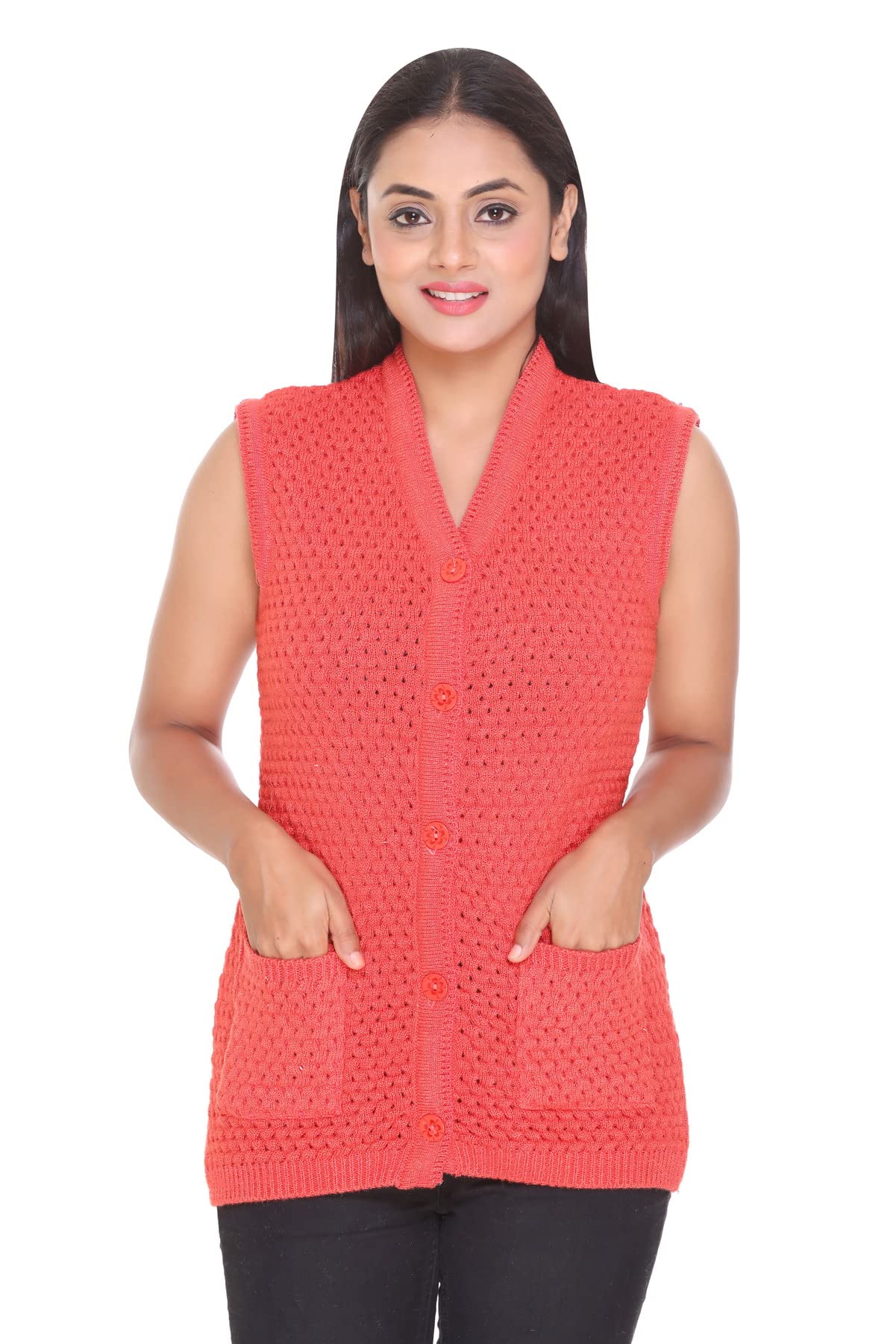 pipasa Women Woollen Buttoned v-Shape Sleeveless Cardigan-picture-17