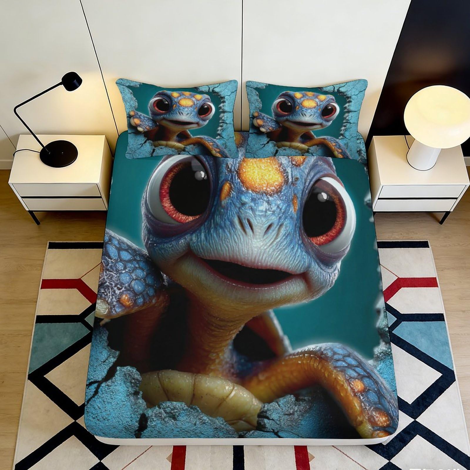 3D Printed Cute Blue Gecko Fitted Sheet Microfiber Soft Breathable Cartoon Lizard Bed Cover for Bedroom Dormitory Guest Room Mattress Protection 140x200x25cm