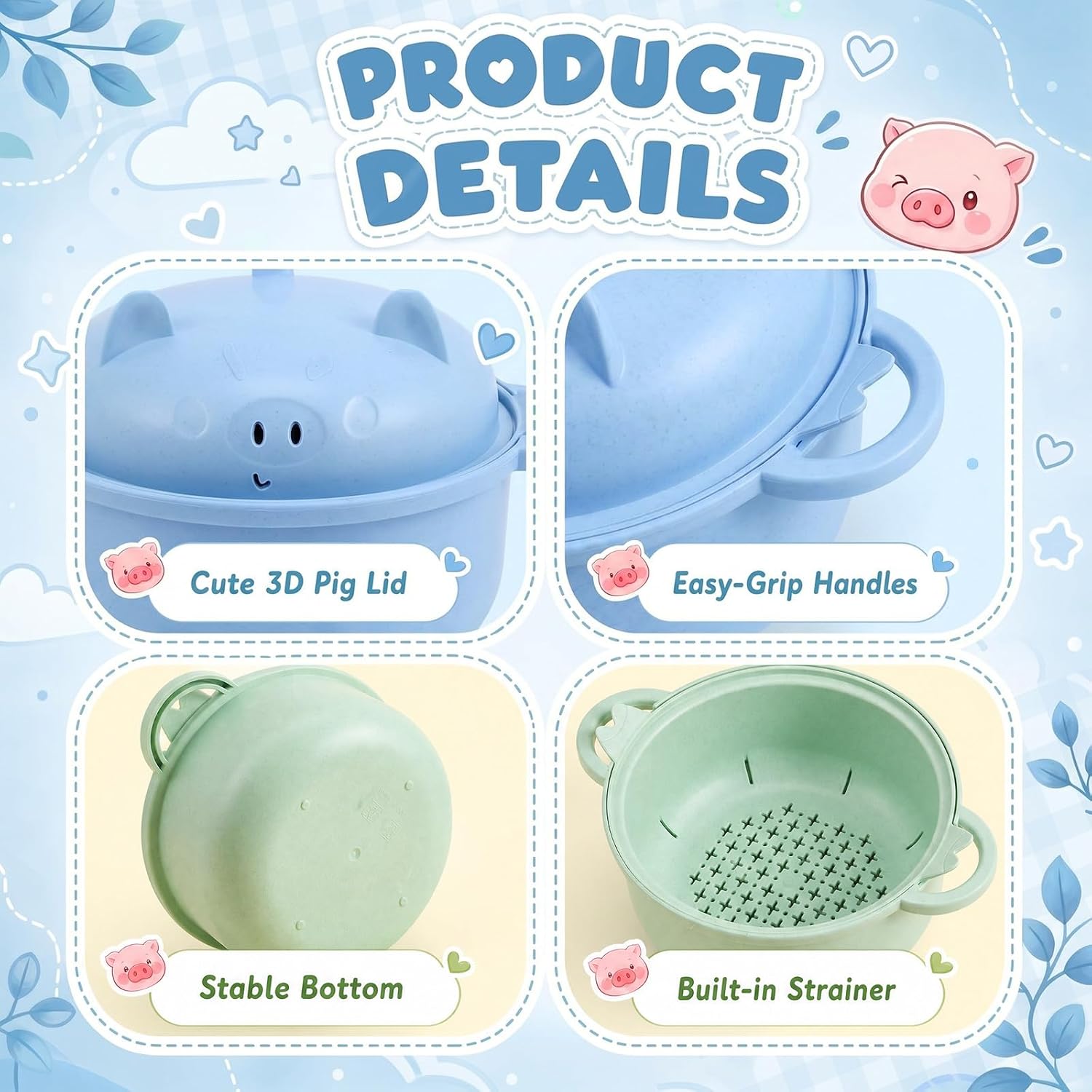 2 Sets 45oz Cute Pig Ramen Bowl Set Microwavable Nordic Blue, Green image 5