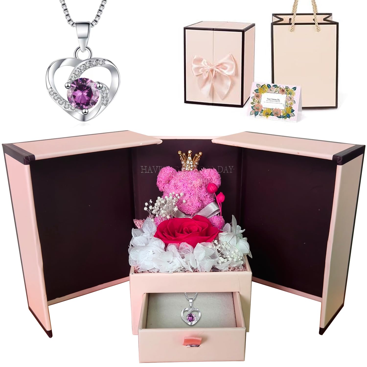 Rosa Stabilizzata Rossa,Romantico Rosa Eterna,Red Fiori Jewelry Box Con Collana,Pacco Regalo per Natale,Mamma,San Valentino Festa Della Mamma Anniversario Matrimonio per Lei