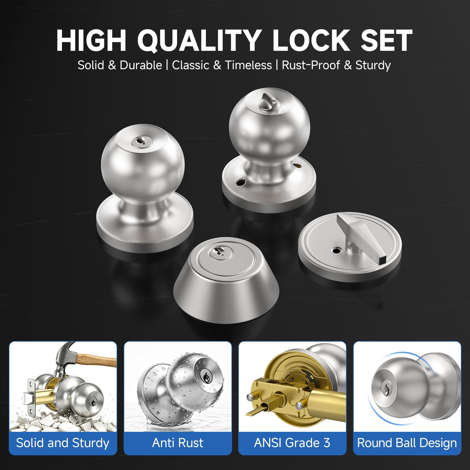 Estmoon Satin Nickel Door Lock Set - 3 Pack Secure Front Door -4