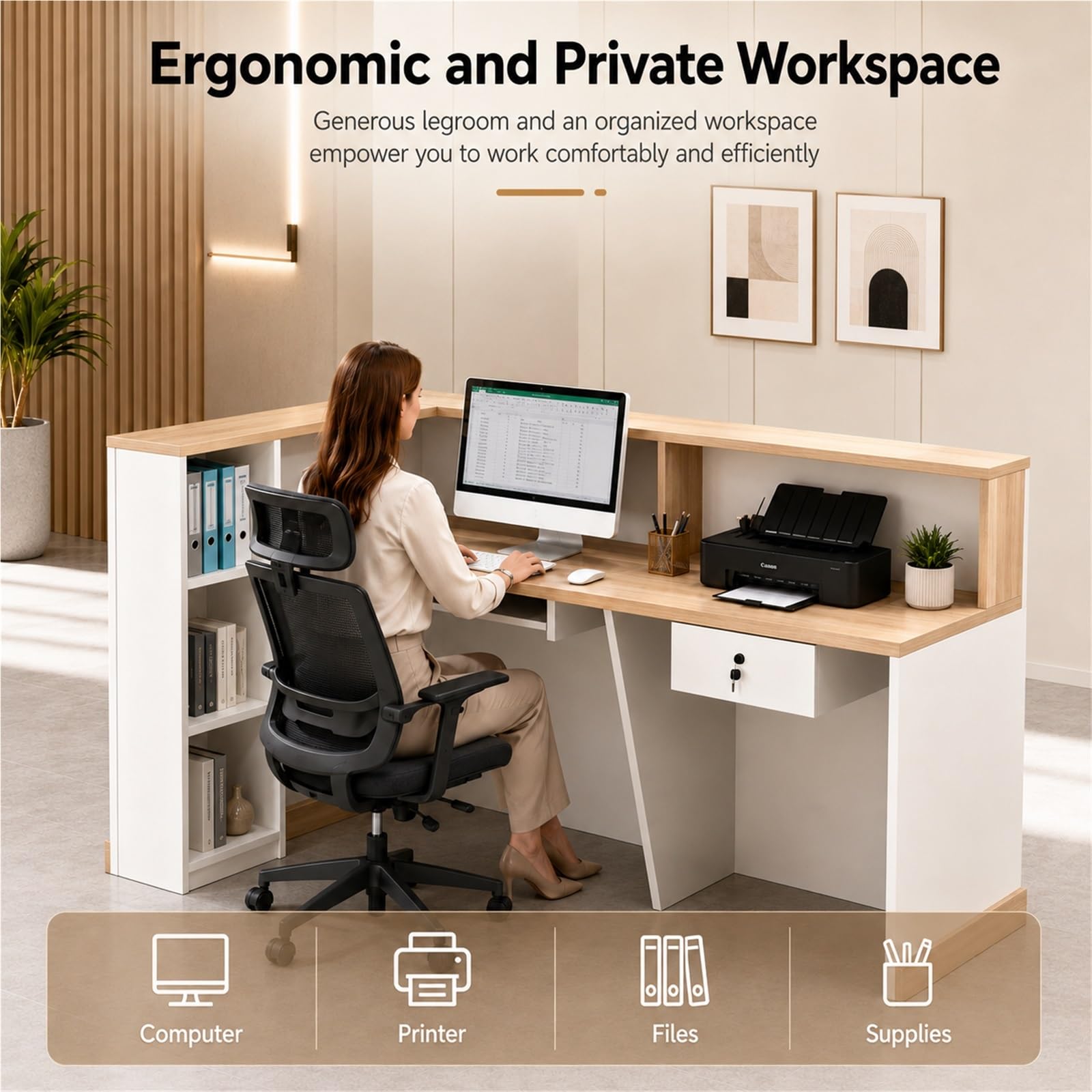 Moderne L-förmige Empfangstheke Rezeptionstheke mit Schublade, Stauraum | 110 cm Hohem Sichtschutz für Büro Salon Praxis Laden Hotel Studio(Right beige+White,120cm/47.2")